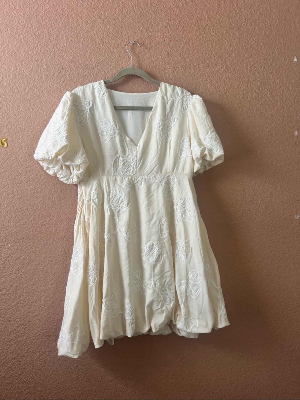 SHEIN Cream Puff Sleeve Embroidered Mini Dress